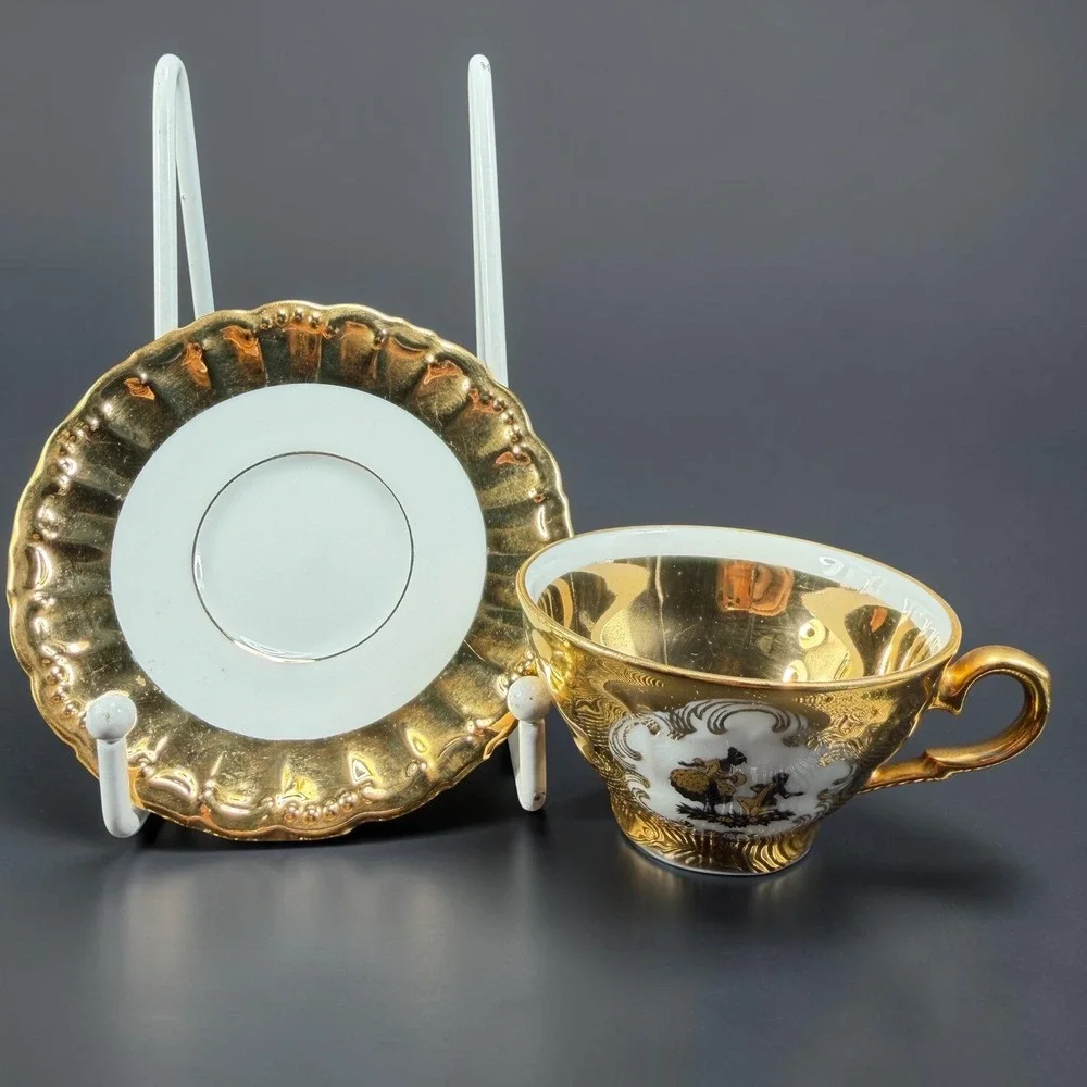 Bareuther Waldsassen Bavaria Gold Courting Couple Demitasse Cup Saucer Set VTG